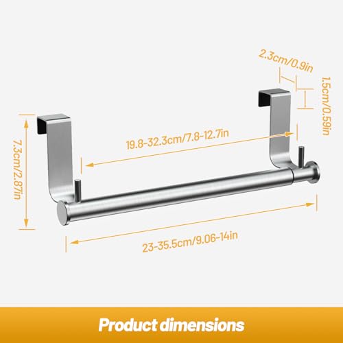 VEHHE Stainless Steel Expandable Towel Rack for Under Cabinet, Adjustable Over the Door Towel Rack with Hanging Hooks for Kitchen Cabinet, Bathroom Sponge Hand Towel Storage, Rust Proof Organizer