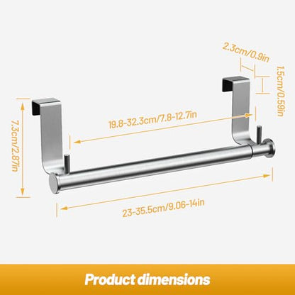 VEHHE Stainless Steel Expandable Towel Rack for Under Cabinet, Adjustable Over the Door Towel Rack with Hanging Hooks for Kitchen Cabinet, Bathroom Sponge Hand Towel Storage, Rust Proof Organizer