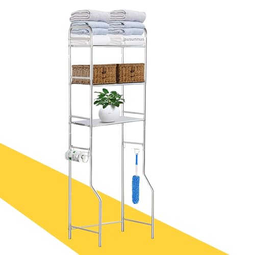 susunnus Over The Toilet Storage 3 Tier,Stainless Steel,for Toilet,Bathroom | Freestanding Space Saver,Rust Proof,with Anti-slip Feet,Paper Rolling and Towel hooks,Bathroom Shelf Over Toilet,Laundry Rack - size: X-size