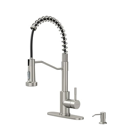 AIMADI Kitchen Faucet with Pull Down Sprayer and Soap Dispenser | Spring High Arc Design,Stainless Steel Sink Faucet,Single Handle,1 or 3 Hole with Deck Plate,Bar,RV,Laundry,Outdoor - color: Brushed Nickel