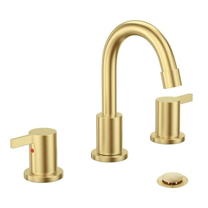 Brushed Gold 3 Hole 8 Inch Widespread Bathroom Sink Faucet, Bathroom Faucet Set with Metal Pop UP Drain and Valve, WF15-1-BG - color: Brushed Gold