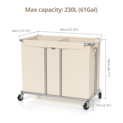 Hodonas Rolling Laundry Hamper 2-Section, Beige, 31.5"Lx15.75W"x30.7"H | 230L(61Gal) Storage Capacity, with Metal Structure, Removable Liner, and Silent Casters, Sturdy Clothes Hamper for Home
