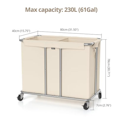Hodonas Rolling Laundry Hamper 2-Section, Beige, 31.5"Lx15.75W"x30.7"H | 230L(61Gal) Storage Capacity, with Metal Structure, Removable Liner, and Silent Casters, Sturdy Clothes Hamper for Home
