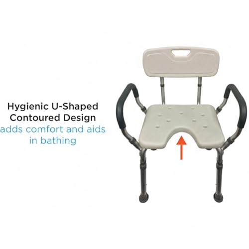 NOVA Bath & Shower Seat w/U-Shaped Hygienic Cutout & Padded/Removable Arms & Back - for Seniors, Handicap & Medical Use, Adjustable Height, Aluminum Frame, Non-Skid Safety, Tool-Free, 300lb Capacity