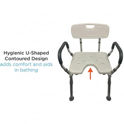 NOVA Bath & Shower Seat w/U-Shaped Hygienic Cutout & Padded/Removable Arms & Back - for Seniors, Handicap & Medical Use, Adjustable Height, Aluminum Frame, Non-Skid Safety, Tool-Free, 300lb Capacity