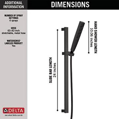 Delta Faucet Single-Spray H2Okinetic Slide Bar Hand Held Shower with Hose, Black Handheld Shower Head, Slide Bar Hand Shower, Handheld Shower, Detachable Shower Head, Matte Black 51567-BL - color: Matte Black