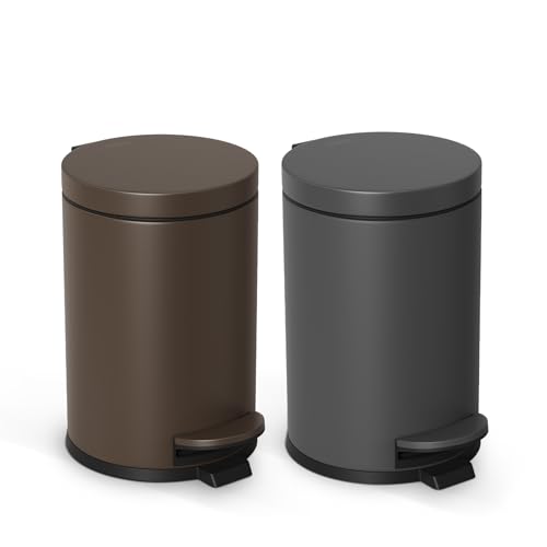 Cesun Small Round Bathroom Trash Can with Lid Soft Close, 1.2 Gal, Gray | Removable Inner Bucket, Stainless Steel Garbage Can for Bedroom/Office, Hands-Free Step Pedal, Fingerprint-Resistant - color: Gray