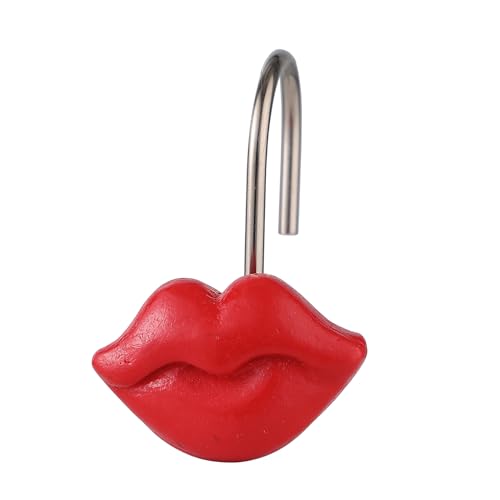 Twofish Home Vermilion Lips Shower Curtain Hooks Vermilion Lips Anti Rust Shower Curtain Hooks Decorative Resin Vermilion Lips Shower Curtain Rings Set of 12 - color: Red