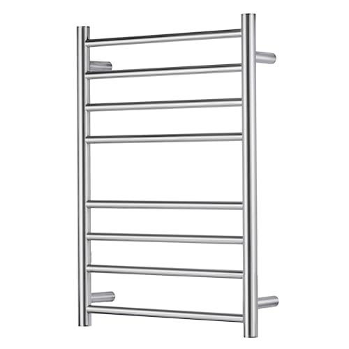 Towel Warmer Polished Chrome for Bathroom Wall Mounted Drying Rack Plug-in Electric Heated Towel Rack Stainless Steel Round 8 Bars Bath Towel Heater with Single Press