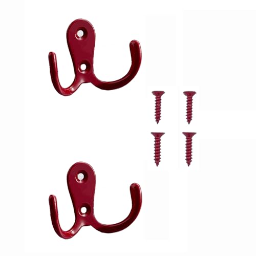 2 Pcs Double Prong Robe Hooks, Dual Coat Hooks Wall Mounted Hanging Clothes for Bathroom Bedroom Door Wall Retro Metal Cloth Hanger Double Coat Hooks with 4 Screws (Red) - color: Red