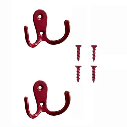 2 Pcs Double Prong Robe Hooks, Dual Coat Hooks Wall Mounted Hanging Clothes for Bathroom Bedroom Door Wall Retro Metal Cloth Hanger Double Coat Hooks with 4 Screws (Red) - color: Red