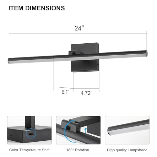 LED Bathroom Vanity Light, Modern Bathroom Light Fixture Over Mirror (3000K/4000K/6000K, Dimmable), Vanity Light Bar with Angle Adjustable, 24 Inch, Black - color: Black, size: 24 inch