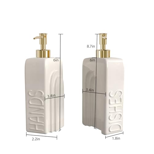 Soap Dispenser Set with Gold Stainless Steel Pump and a Funnel, 2 Pack Modern Ceramic Refillable Hand and Dish Soap Dispenser for Kitchen, Bathroom, Matte White - color: White & Gold