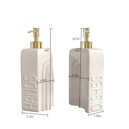Soap Dispenser Set with Gold Stainless Steel Pump and a Funnel, 2 Pack Modern Ceramic Refillable Hand and Dish Soap Dispenser for Kitchen, Bathroom, Matte White - color: White & Gold