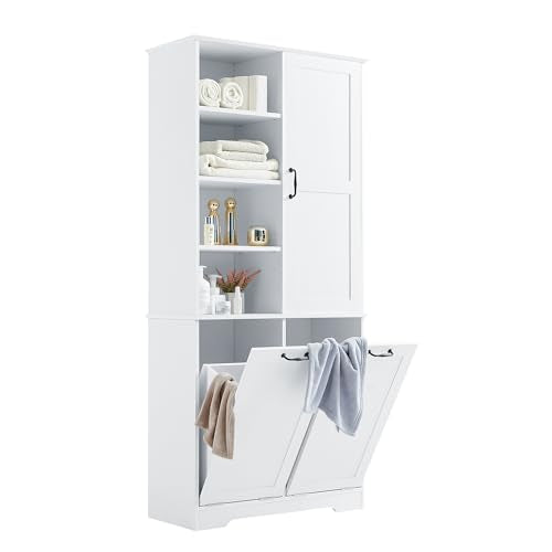 Merax Cabinet with Tilt-Out Laundry Hamper Basket, Tall Bathroom Storage Organizer Linen with Open Shelf for Home, Freestanding, White - color: White