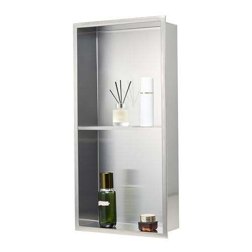 VEVOR Shower Niche, 13 x 25 x 4 inch Recessed Wall Niche Double-Layer, with Hollowed-Out Divider,Heavy-Duty Stainless Steel Modern Shampoo Storage Organizer,Waterproof, Silver for Bathroom - color: Silver, size: 13x25'' - Double Layer