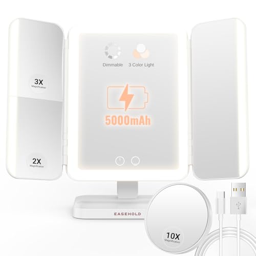 EASEHOLD Rechargeable Lighted Makeup Mirror with 1X 2X 3X 10X Magnification | 116 LEDs on All 3 Panels, 5000mAh USB-C Charging,Foldable Trifold Large Vanity Mirror with Lights, 3 Color,Gifts for Women - color: White With 5000 Mah