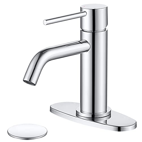 Bathroom Faucet Chrome Single Hole, JXMMP Single Handle Bathroom Faucets for Sink with Pop Up Drain Assembly and 6 inch Deck Plate - color: Chrome, size: Faucet with Deck Plate