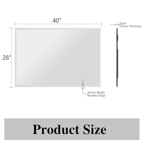 Frameless Bathroom Mirror, 40" x 28" Beveled Wall Mirror | 5mm HD glass, 20mm beveled edge, frameless, anti-rust, shatterproof, french cleat, horizontally or vertically - size: 40"L x 28"W
