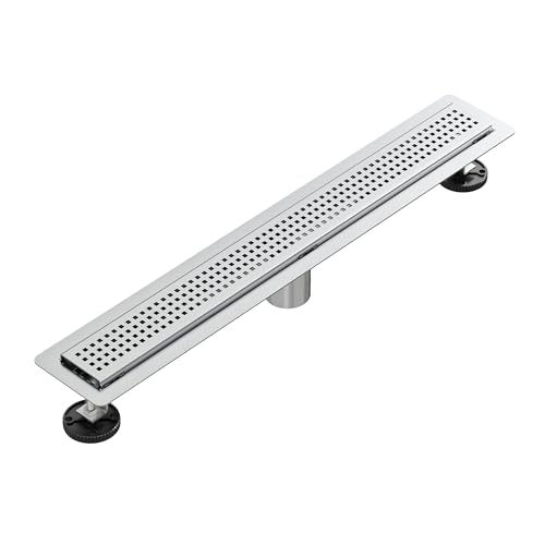 32 inch Linear Shower Drain with Square Hole Pattern Grate Cover | Brushed 304 Stainless Steel Bonding Flange Linear Drain, Low Profile Linear Shower Drain with Hair Strainer - color: 32 in, size: Quadrato Pattern