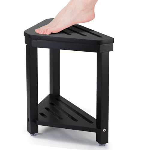Boulphia Shower Foot Rest 14in, Acacia Wood Shower Stool for Shaving Legs (Black) - color: Black