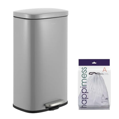 happimess Curtis 8 Gal Step Trash Can Soft Close 25", Gloss Gray | Iron Construction, Satin Finish, Removable Liner, Steel Pedal, 20 Trash Bags Included, Kitchen Office Bin - color: Fog Gray