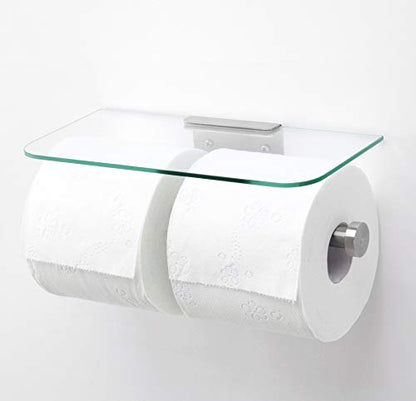 JackCubeDesign Double Toilet Paper Holder with Glass Shelf, Wall Mount Stainless Steel Dual Tissue Dispenser Holders for Bathroom (Glass Type2) - MK428D