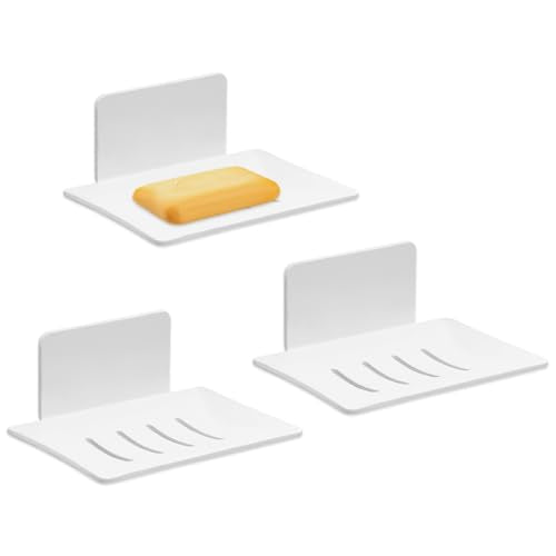 Huakaile 3 Pieces White Self-Adhesive Bar Soap Holder for Shower & Sink, Removable Space Aluminium Wall Mounted Soap Dish Tray for Bathroom Tub Kitchen Sink No Drilled (White) - color: White