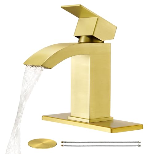CREA Gold Waterfall Bathroom Faucet Single Hole,Brushed Gold Faucet for Bathroom Vanity Single Handle Bathroom Sink Faucet 1 Hole,Stainless Steel Utility Sink Faucet for RV Bar Lavatory(Pop Up Drain) - color: Brushed Gold, style: Rectangular Spout