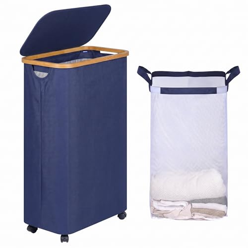 efluky Slim Laundry Hamper with Wheels, Narrow Laundry Basket with Lid and Removable Bag, Aesthetic Dirty Clothes Hamper on Wheels for Laundry Room, Bedroom, Dorm and Bathroom, 75L Beige - color: Blue, size: 75L