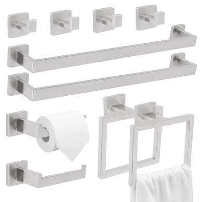 10 Pcs Silver Bathroom Hardware Accessories Set 23.6 Inch Wall Mounted | Bath Towel Bar Kit with Square Towel Racks Ring and Towel Hooks, Paper Holder, 304 Stainless Steel - color: Silver