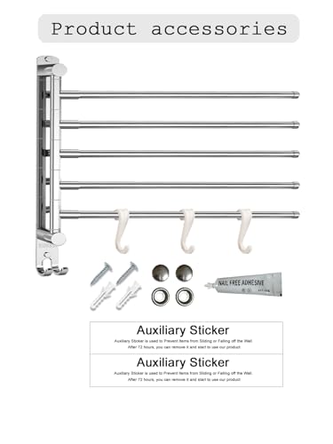 Swivel Towel Rack with Reinforced T-Joint, Thickened SUS304 Steel Rustproof Wall Mount，Towel Racks for Bathroom Wall Mounted，Suitable for Kitchen Towel Holder, Outdoor Towel Rack (5-Arms)