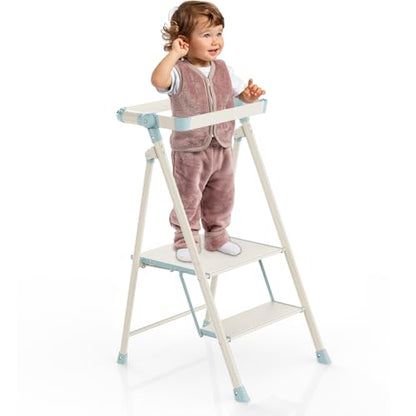 Foldable Toddler Tower, 2-Step Kids Step Stool with Safety Rail, Compact Folding Toddler Standing Stool for Kitchen, Bathroom and Home, Step Ladder for Toddlers and Adults - color: Sea Salt Blue