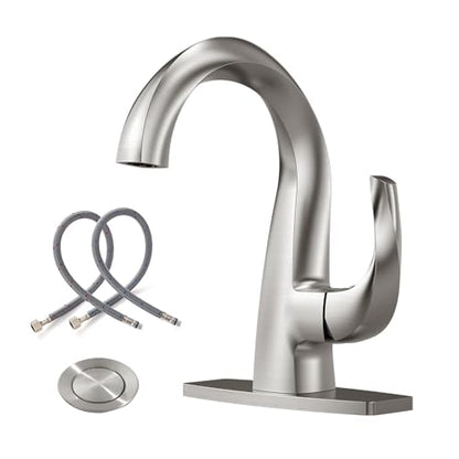 WOWOW Single Handle Bathroom Faucet, 1 Hole, High Arc, Brushed Nickel, Pop-up Drain, Solid Brass, Commercial Bathroom Sink Faucet, Basin Vanity Bar Faucet - color: Brushed Nickel
