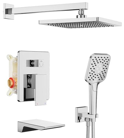 Gabrylly Shower System with Tub Spout, Wall Mounted Tub Shower Faucet Set for Bathroom with High Pressure 10" Rain Shower head and 3-Setting Handheld Shower Head Set,Chrome - color: chrome 01