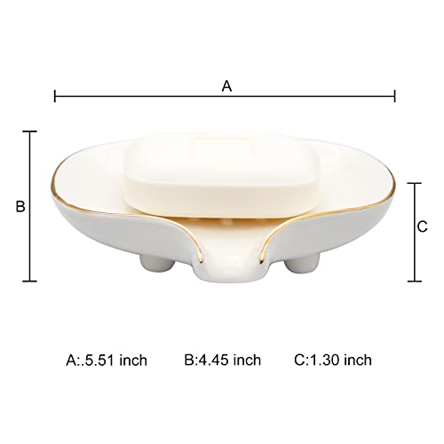 White Soap Dish Ceramic Self Draining Soap Dish Waterfall Slot Gold Edge Bathroom Accessories for Bathroom, Kitchen,Bar Counter - color: White