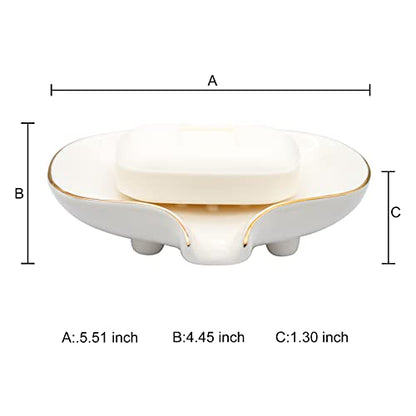 White Soap Dish Ceramic Self Draining Soap Dish Waterfall Slot Gold Edge Bathroom Accessories for Bathroom, Kitchen,Bar Counter - color: White