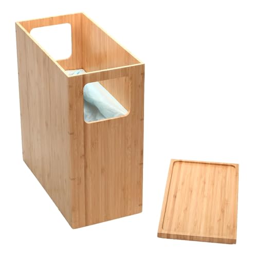 MobileVision Bamboo Slim Trash Can with Lid, Waste Basket for Bathroom, Bedroom, Office, Vanity, Salon or Spa, Small Spaces, Rectangle, Bag Liners Included