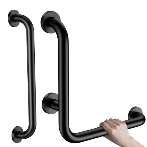 16 Inch L-Shaped Angled Grab Bar for Shower Bathroom, Matte Black | with 16 Inch Straight Bathroom Balance Bar, Stainless Steel Wall Mounted Safety Handle for Seniors Elderly Injury Handicap - color: Black, size: 16x16 Inch - Smooth Grip