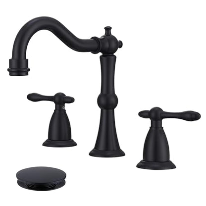 Matte Black Antique Bathroom Faucet 3 Hole, Widespread Sink Faucet with Pop Up Drain and cUPC Supply Hose, Modern 2 Handle Black Faucet for Bathroom Sink JXM3073BK - color: Matte Black