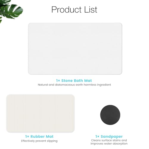 Large Diatomite Stone Bath Mat, 30" x 17" White | Premium Non-slip Natural Diatomaceous Earth Bathtub Fast Drying Mats for Bathroom Floor