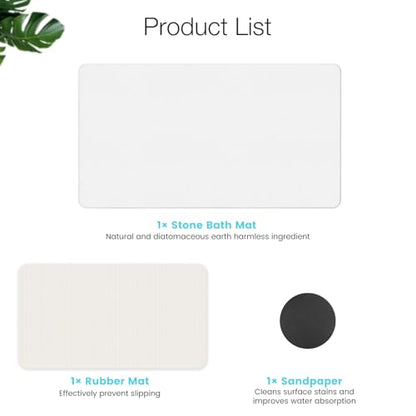 Large Diatomite Stone Bath Mat, 30" x 17" White | Premium Non-slip Natural Diatomaceous Earth Bathtub Fast Drying Mats for Bathroom Floor