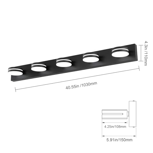 5-Light Bathroom Vanity Light, Modern LED Bathroom Light Fixture Over Mirror, Matte Black Bath Wall Lighting, Dimmable 5500K Vanity Lighting Fixture with 360°Rotable Head - color: Matte Black-Dimmable