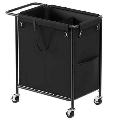 Double Laundry Hamper with Wheels & Lid, 160L Large Rolling Laundry Basket | Chrislley Sturdy Metal Laundry Cart 2 Section with Long Handle and Removable Bags,Dirty Clothes Hamper for Laundry Room,Black - color: Black, size: 160L(27.0"L x 15.4"W x 27.6"H)