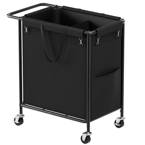 Double Laundry Hamper with Wheels & Lid, 160L Large Rolling Laundry Basket | Chrislley Sturdy Metal Laundry Cart 2 Section with Long Handle and Removable Bags,Dirty Clothes Hamper for Laundry Room,Black - color: Black, size: 160L(27.0"L x 15.4"W x 27.6"H)