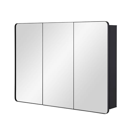 Bathroom Mirror Medicine Cabinet with Round Corner Framed Door 36 x 26 inch, Black，Recessed or Surface Mount, with Adjustable Glass Shelves - size: 36 x 26 inch
