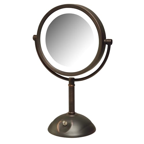 JERDON Lighted Makeup Mirror with 8X Magnification - Bronze - HL8808BZL | Two-Sided 1X View, 8.5" Round Frame, 16" Tall, LED Lighting - color: Bronze