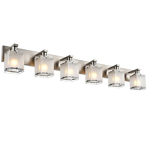 6-Lights Bathroom Vantiy Light Over Mirror, Modern Black Vanity Lighting Fixtures with Rectangular Frosted Glass Shades for Bath Kitchen Wall Mounted, E26 Bulb Base - color: Brushed Nickel, Frosted Glass, size: 6-Lights