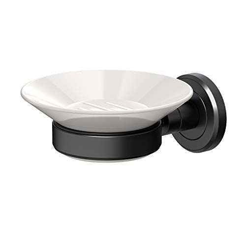 Gatco 1940MX Latitude II Wall Mounted Porcelain Soap Dish with Matte Black Holder, White/Matte Black, 2.1" H x 4.31" W x 5.25" D - color: Matte Black/White, style: Latitude II