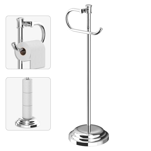 Toilet Paper Holder Floor Stand, Bathroom Freestanding Chrome | Toilet Tissue Roll Holder, Free Standing Rack with Storage, Weighted Base Accessories, SUS304 Stainless Steel Rustproof - color: Chrome